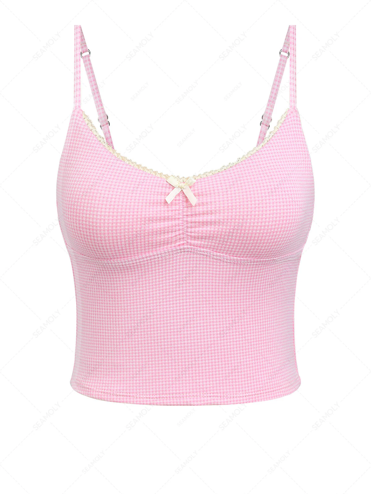 Hellrosa gestricktes kariertes Tankini-Top mit Spitzenschleife - Image 2