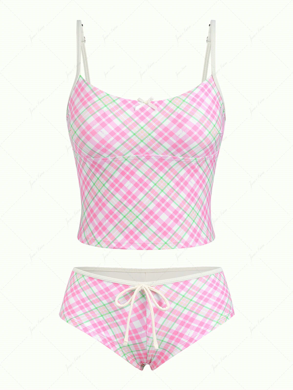 Hellrosa kariertes Tankini-Set mit Schleife und frechem Schnitt.