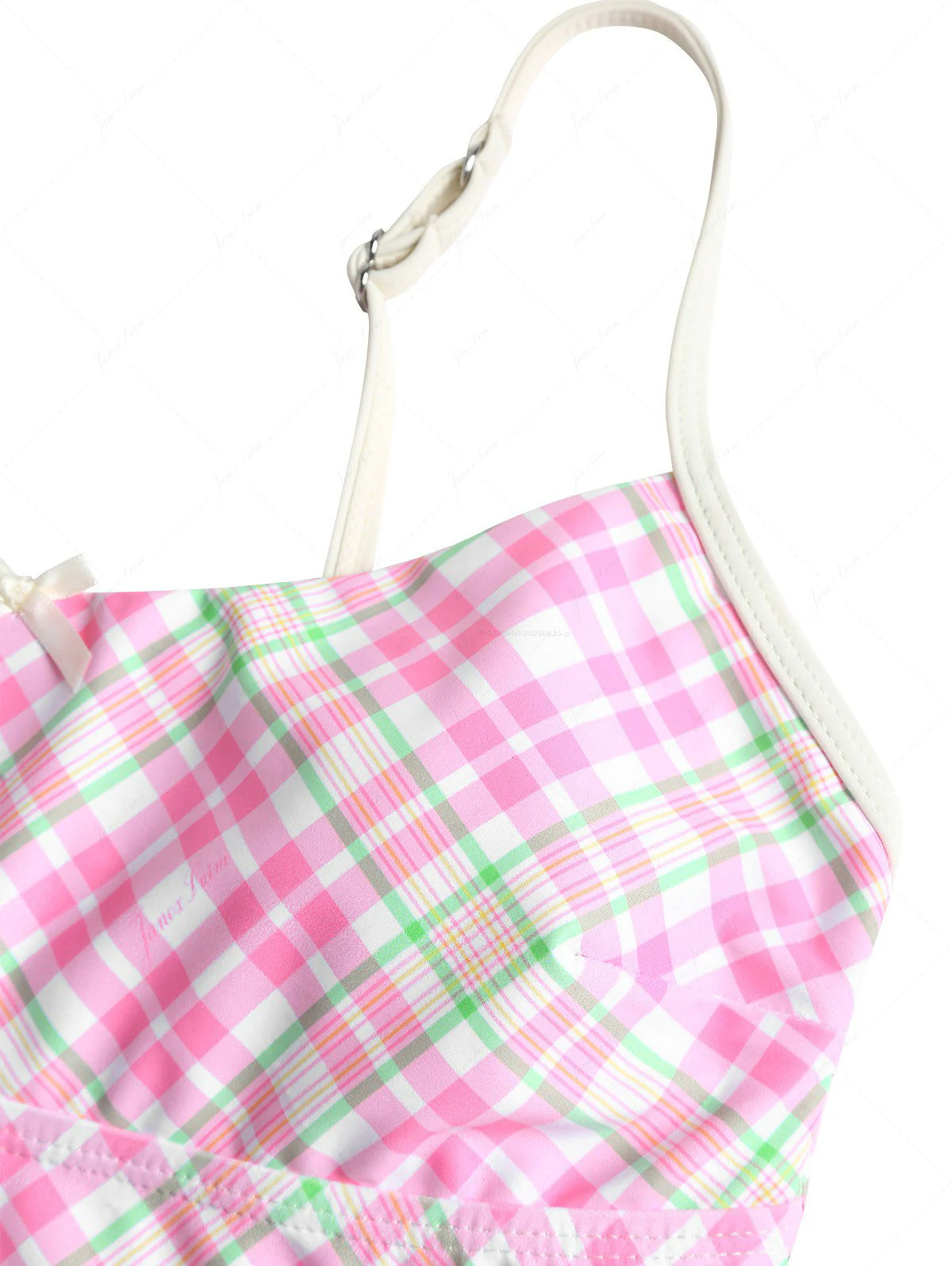 Hellrosa kariertes Tankini-Set mit Schleife und frechem Schnitt. - Image 4