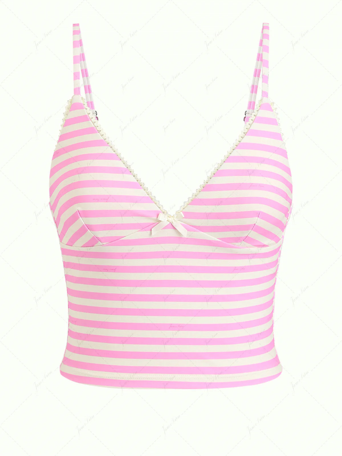 Hellrosa gestreiftes Tankini-Top mit Schleife und tiefem Ausschnitt aus Spitze - Image 2