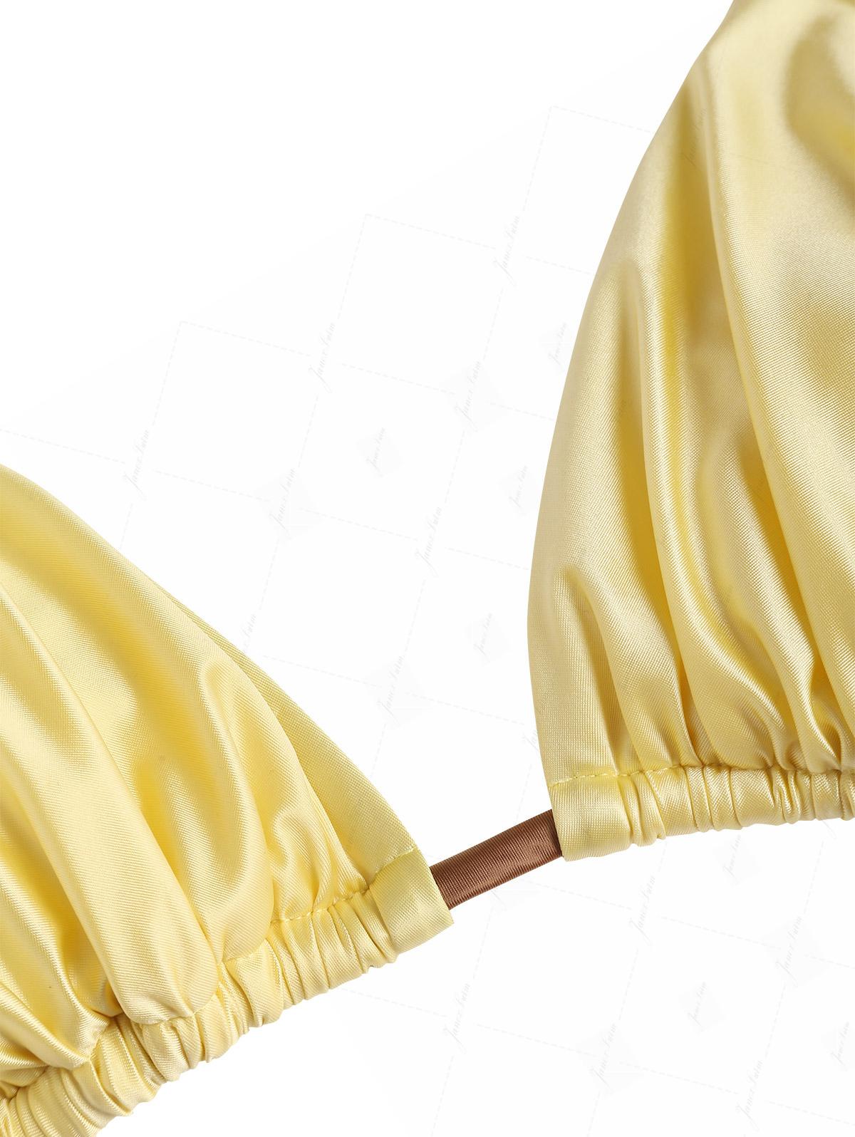 Hellgelbes Satin-Bikini-Top mit kontrastfarbenen Raffungen und Neckholder-Triangel-Design - Image 3