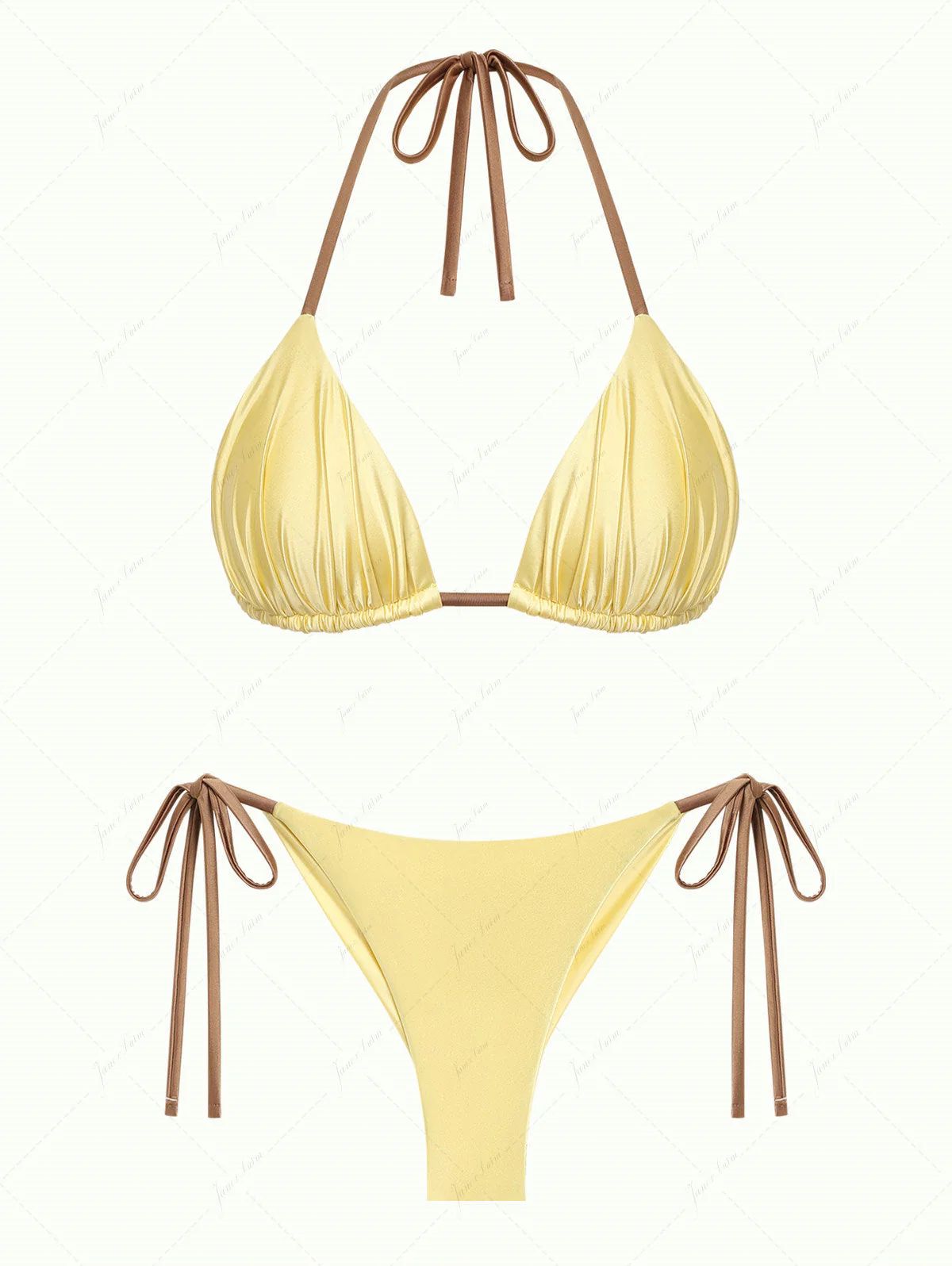Hellgelbes Bikini-Set aus gerafftem Triangel-Top und frechem brasilianischem Höschen aus Satin