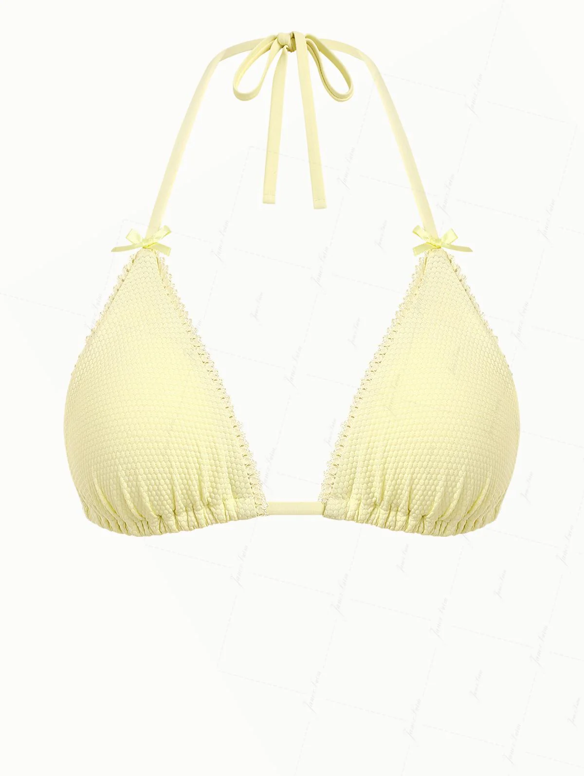 Hellgelbes, strukturiertes Triangel-Bikini-Oberteil aus Strickstoff mit Spitzenschleife und Neckholder