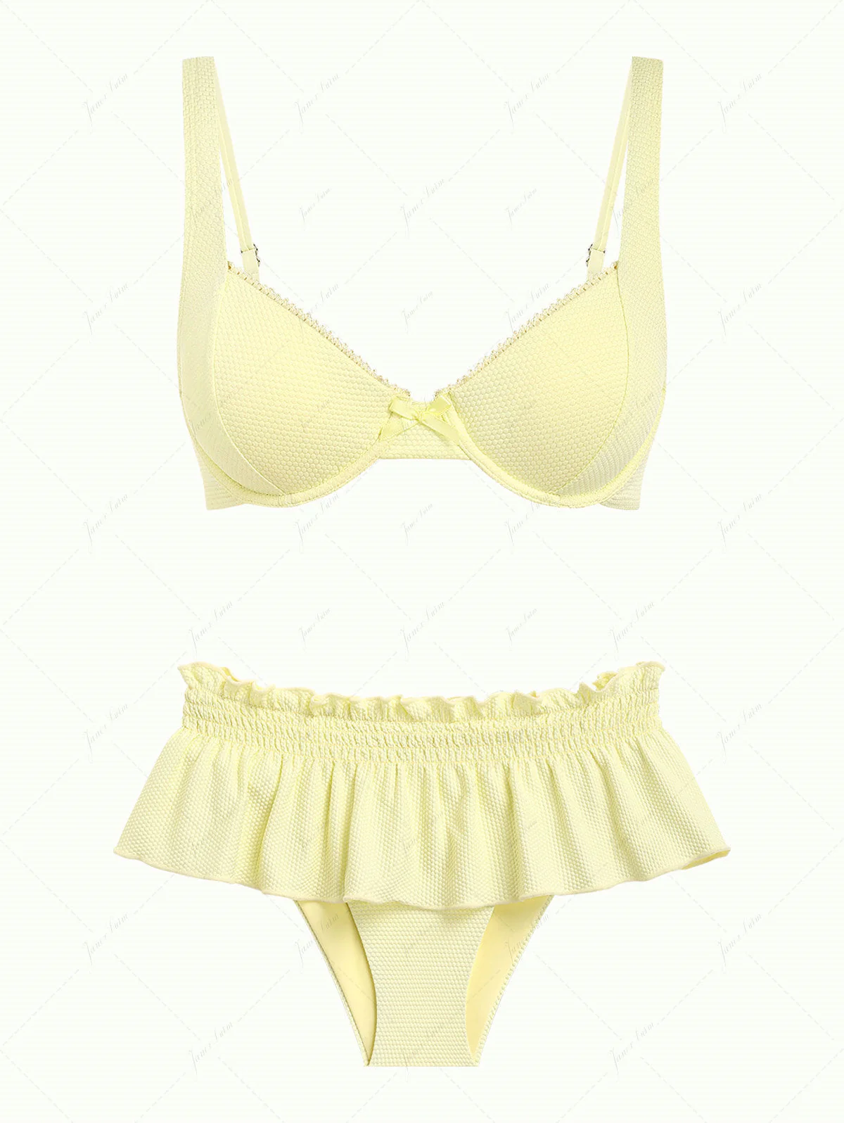 Hellgelber Bikini-Einteiler aus strukturiertem Strickstoff mit Spitzenschleife und Bügeln