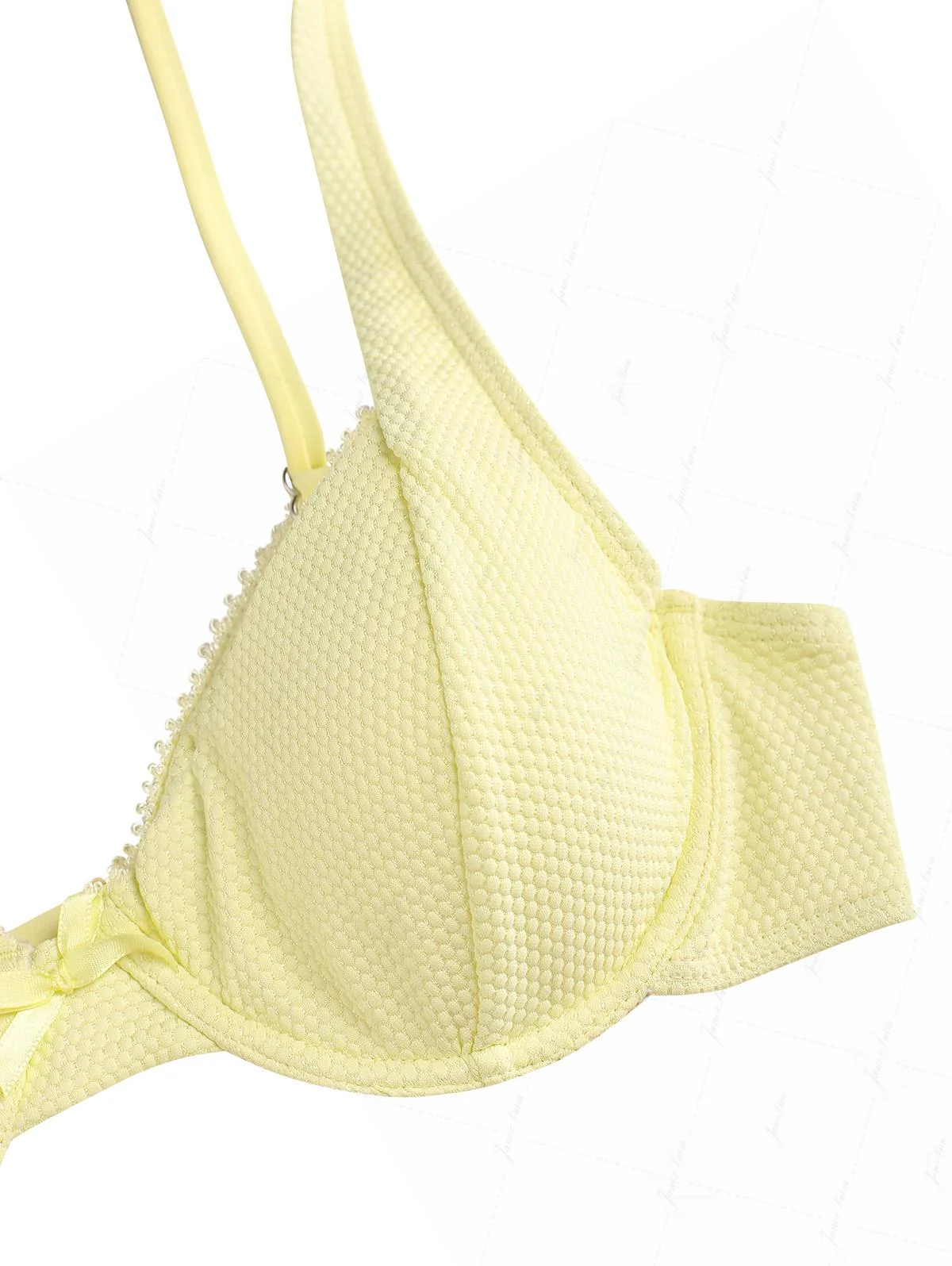 Hellgelber Bikini-Einteiler aus strukturiertem Strickstoff mit Spitzenschleife und Bügeln - Image 4