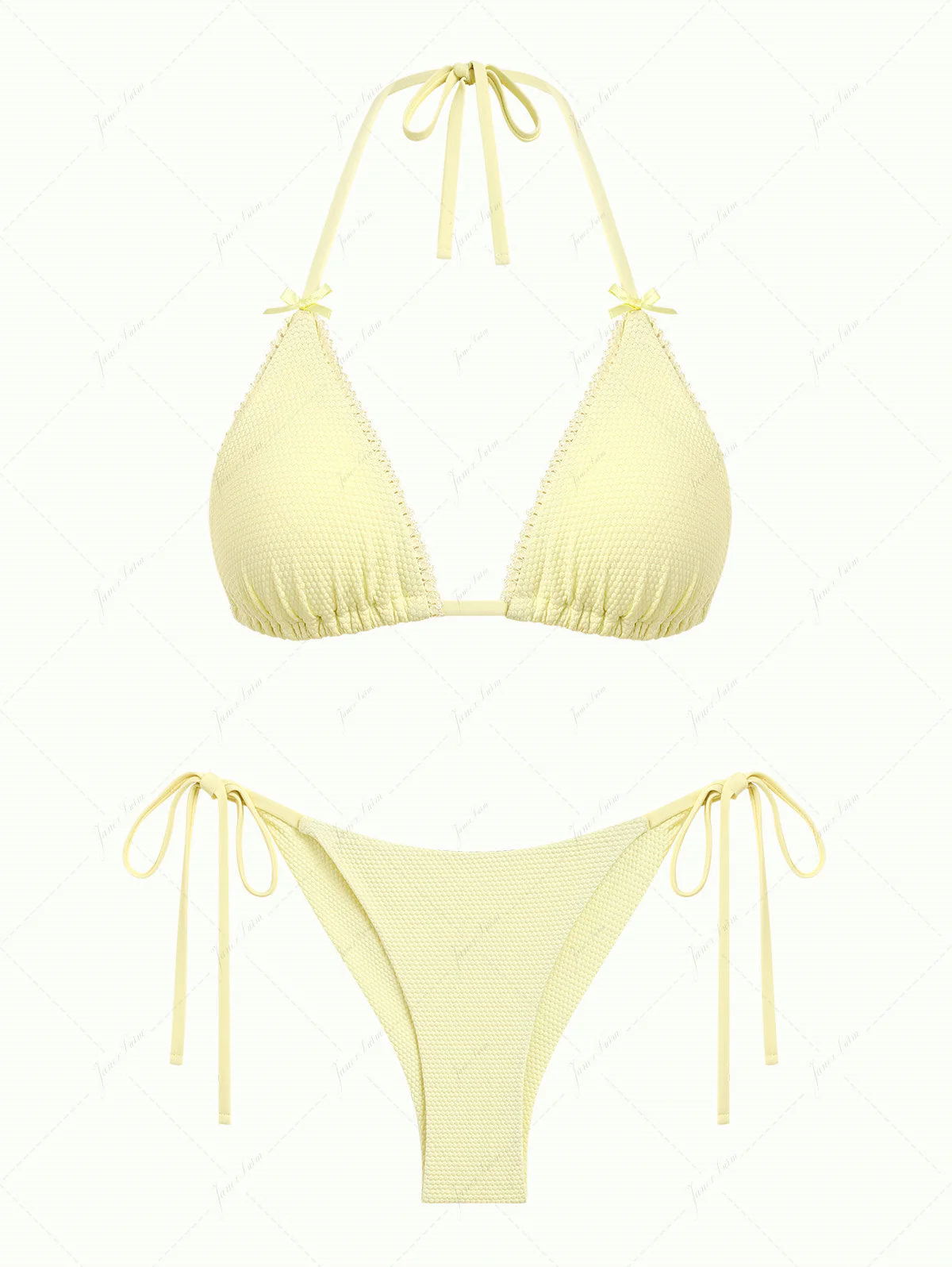 Light Yellow Textured Knit Fabric Triangle Top & Cheeky Brazilian Bottom Bikini Set