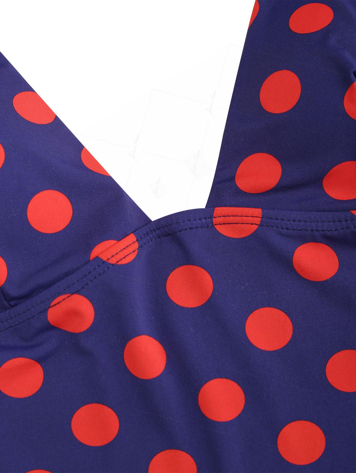 Midnight Blue Polka Dot Print Plunging Neck Cami Tankini Top - Image 4