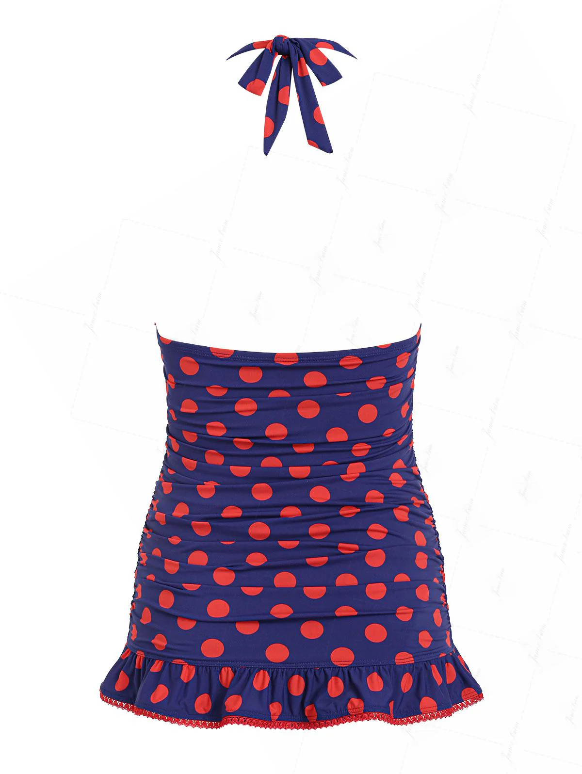 Mitternachtsblauer, gepunkteter, geraffter Rüschen-Halter-Badeanzug mit Rock - Image 2
