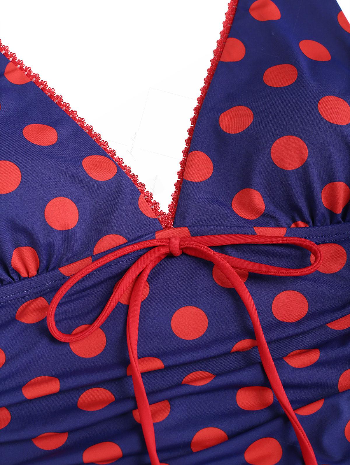 Mitternachtsblauer, gepunkteter, geraffter Rüschen-Halter-Badeanzug mit Rock - Image 3