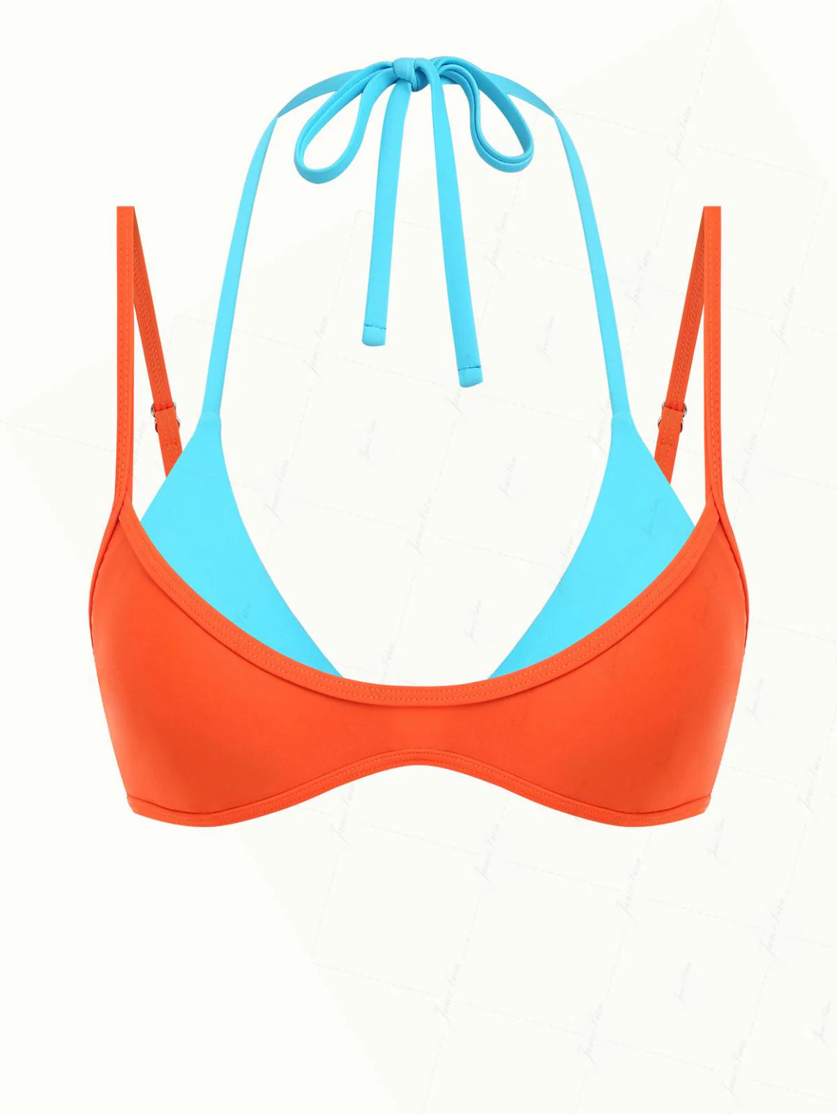 Orangefarbenes, zweifarbiges Bikini-Oberteil mit doppelter Lage und Farbblockmuster