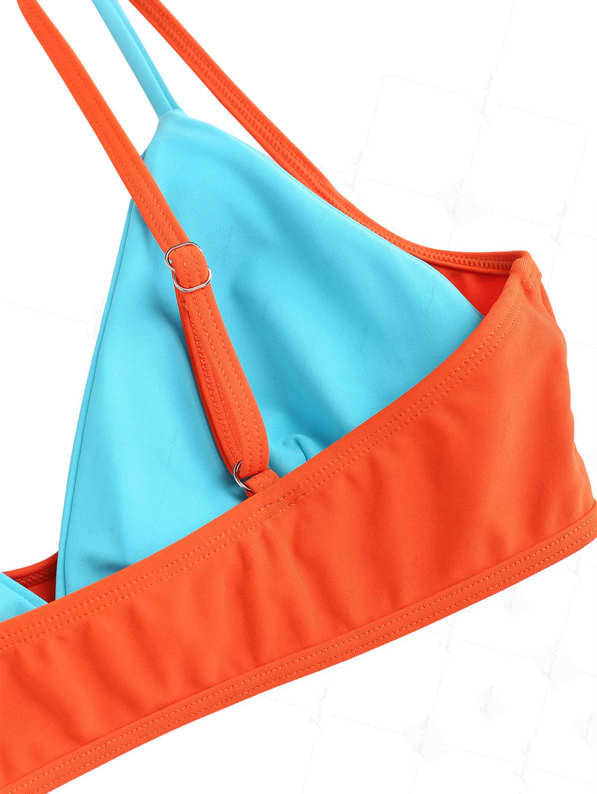 Orangefarbenes, zweifarbiges Bikini-Oberteil mit doppelter Lage und Farbblockmuster - Image 4