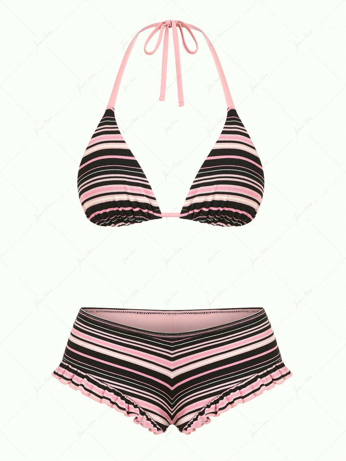 Pink Ribbed Knit Striped Triangle Cheeky Boyshorts Bikini Set