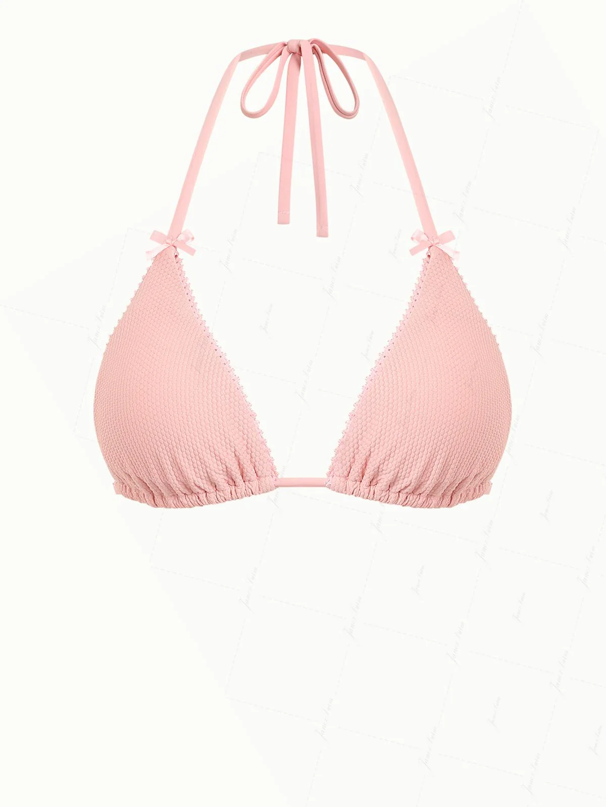 Pink Textured Knit Fabric Lace Bowknot Halter Triangle Bikini Top - Image 2