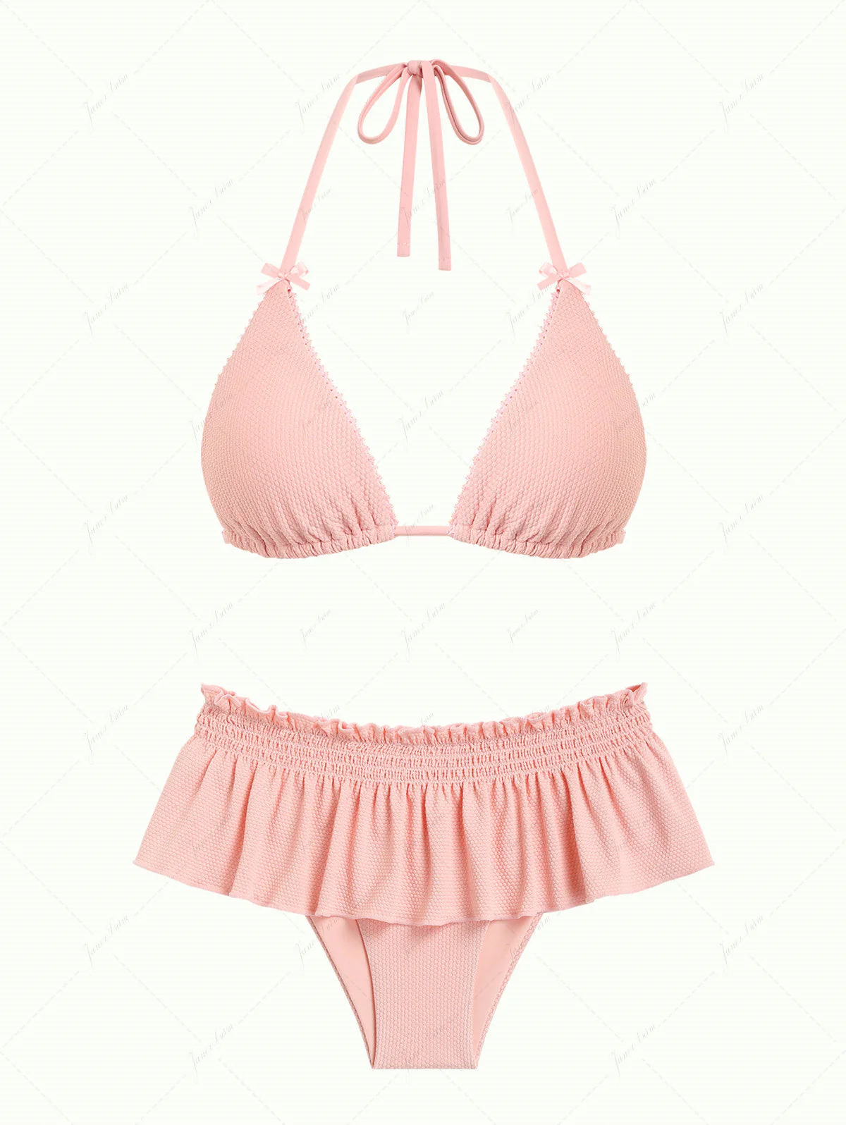 Pinkfarbener, strukturierter Strickstoff, Triangel-Bikini-Set mit Spitzenschleife und Rock