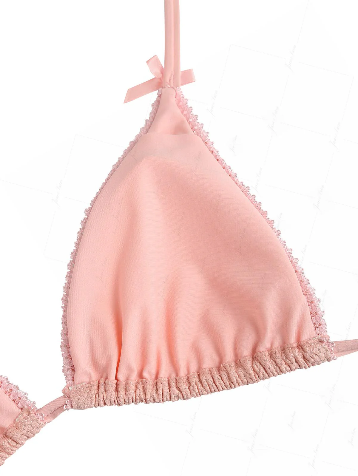 Pinkfarbener, strukturierter Strickstoff, Triangel-Bikini-Set mit Spitzenschleife und Rock - Image 5