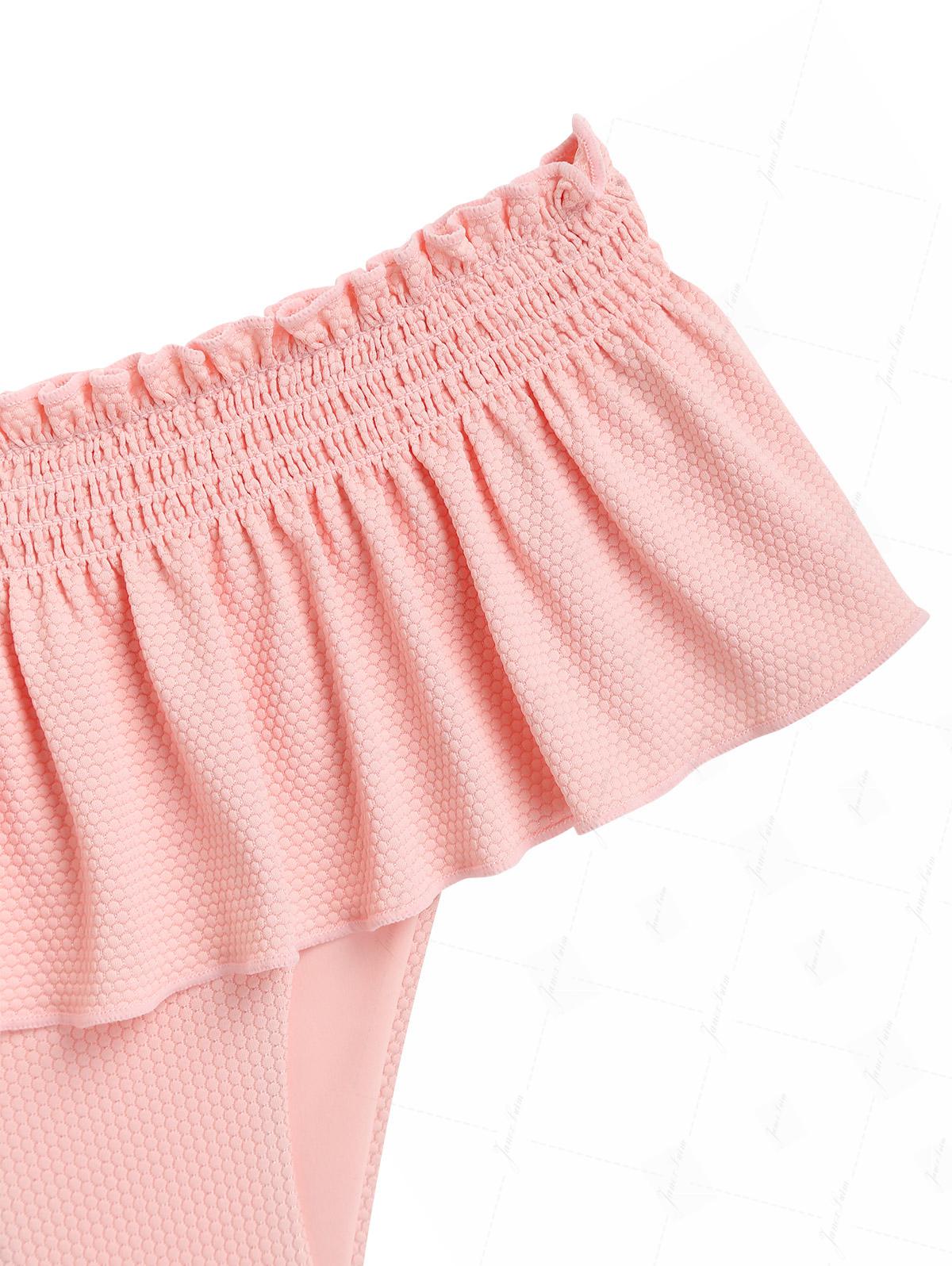 Pinkfarbener, strukturierter Strickstoff, Triangel-Bikini-Set mit Spitzenschleife und Rock - Image 6