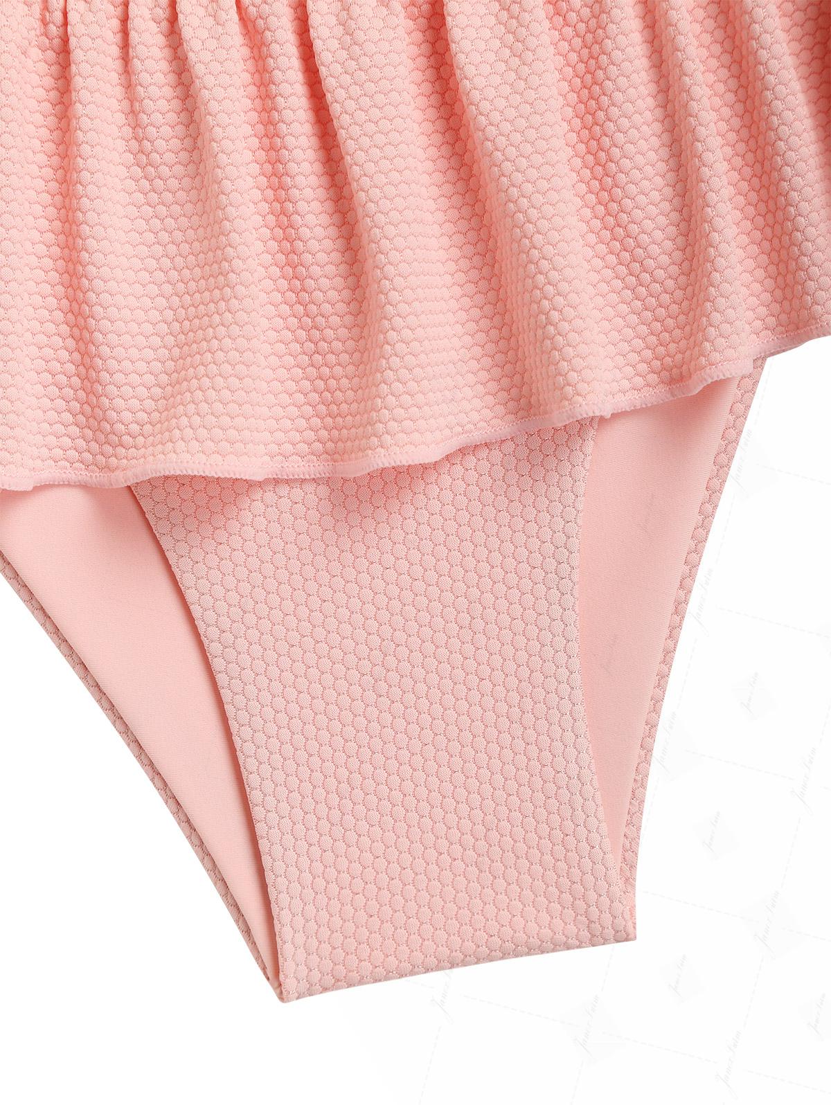 Pinkfarbener, strukturierter Strickstoff, Triangel-Bikini-Set mit Spitzenschleife und Rock - Image 7