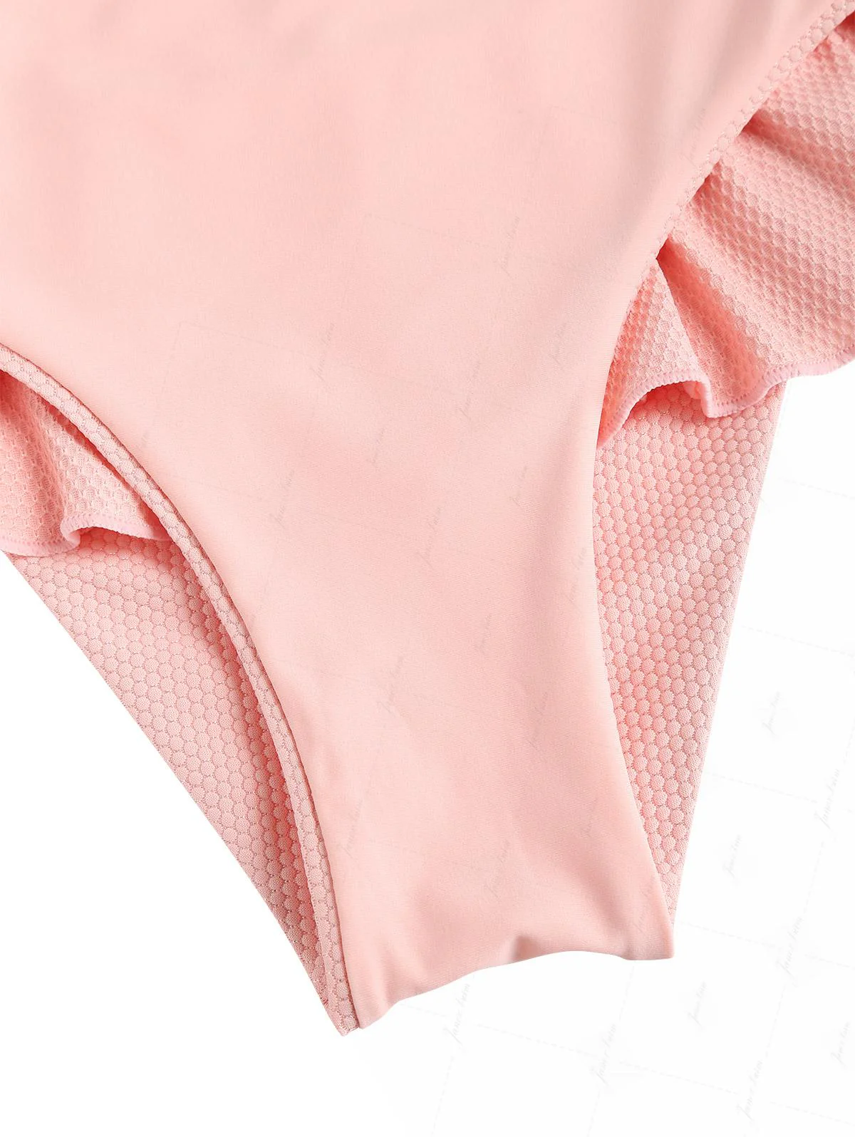 Pinkfarbener, strukturierter Strickstoff, Triangel-Bikini-Set mit Spitzenschleife und Rock - Image 8