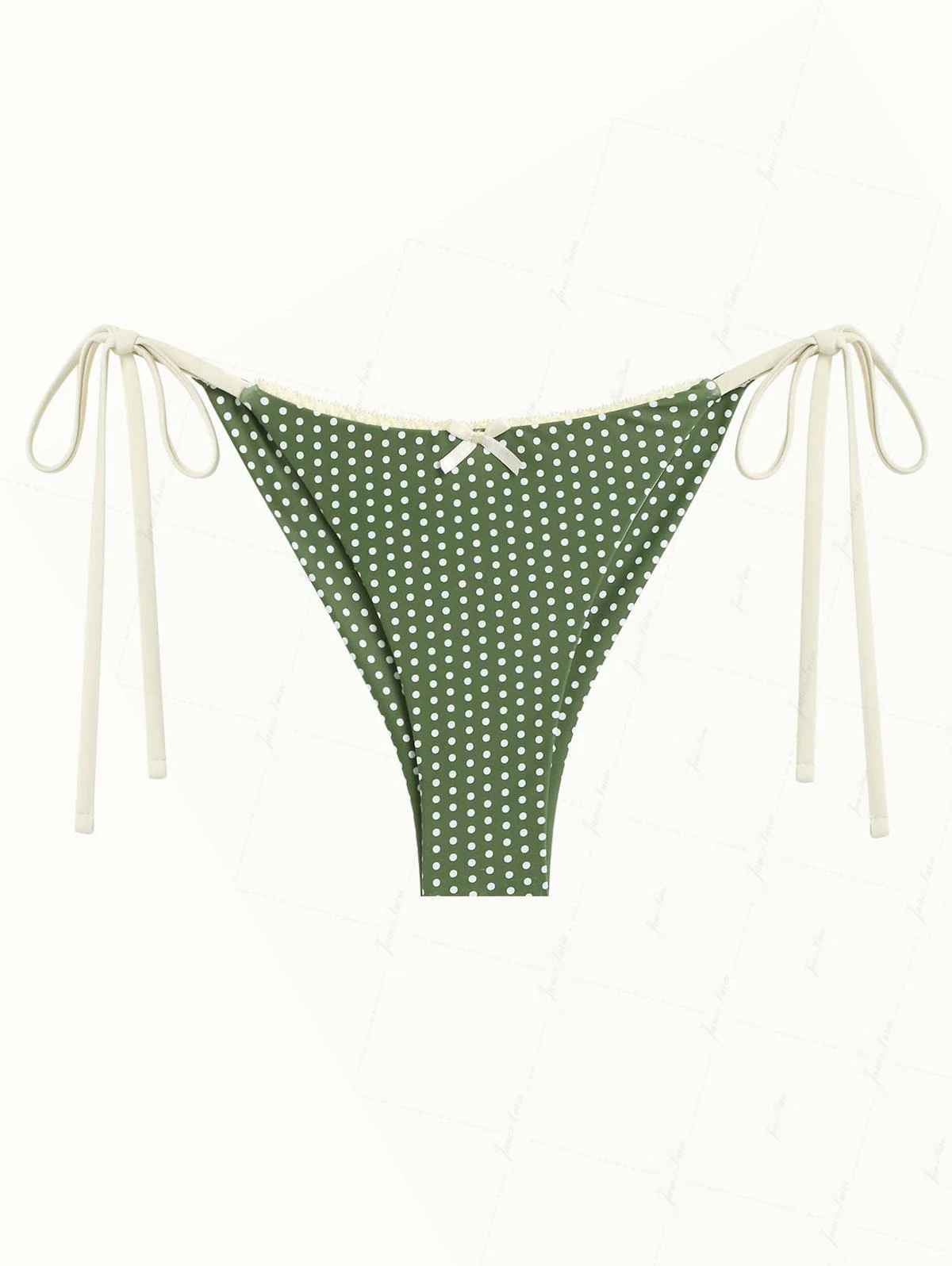 Pflanzengrüner Bikini-Slip mit Polka-Dots, Spitze und Schleife, frecher brasilianischer Stil