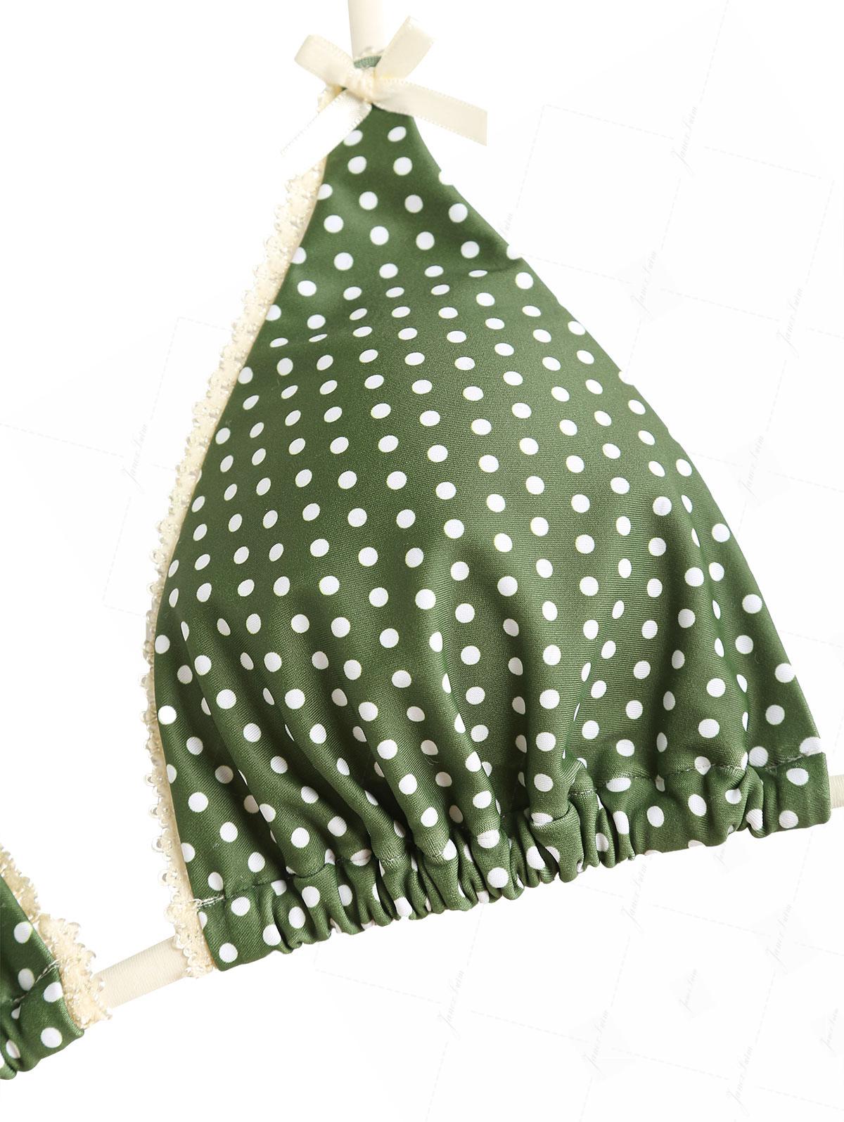 Plant Green Polka Dot Lace Bowknot Triangle Top & Cheeky Brazilian Bottom Bikini Set - Image 3