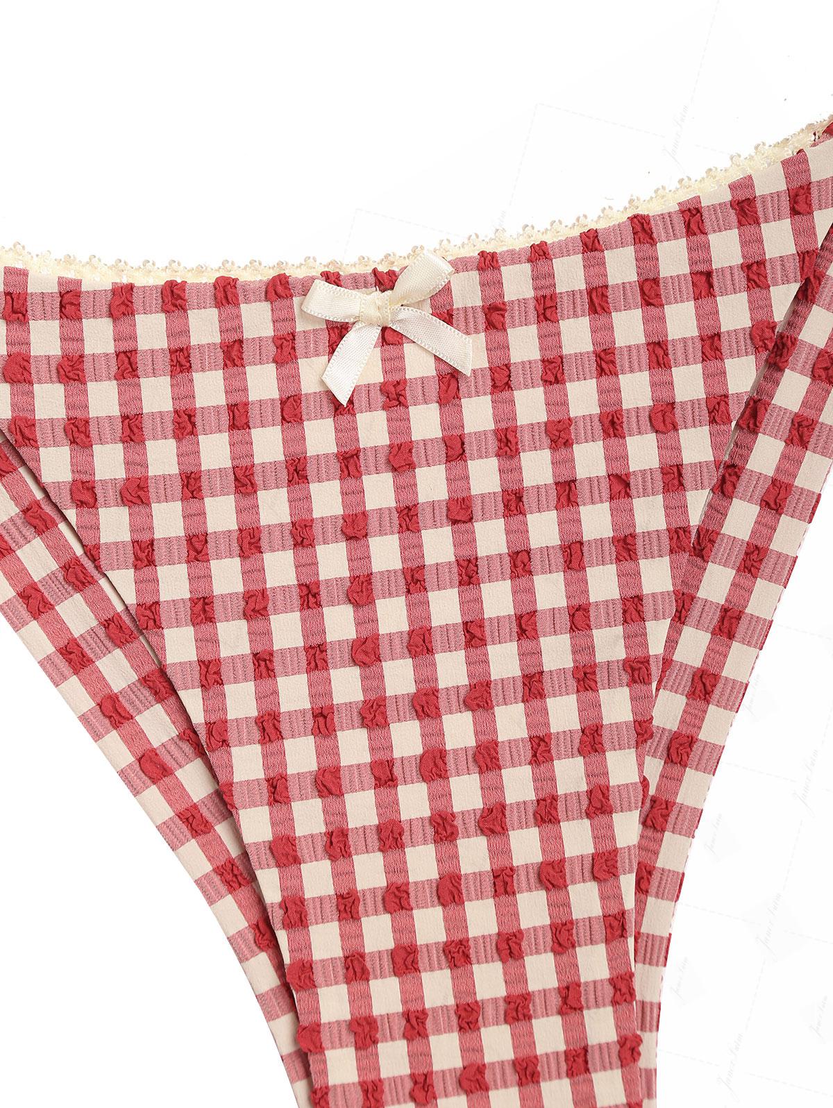 Pomegranate Red Gingham Lace Bowknot String Cheeky Brazilian Bikini Bottom - Image 3