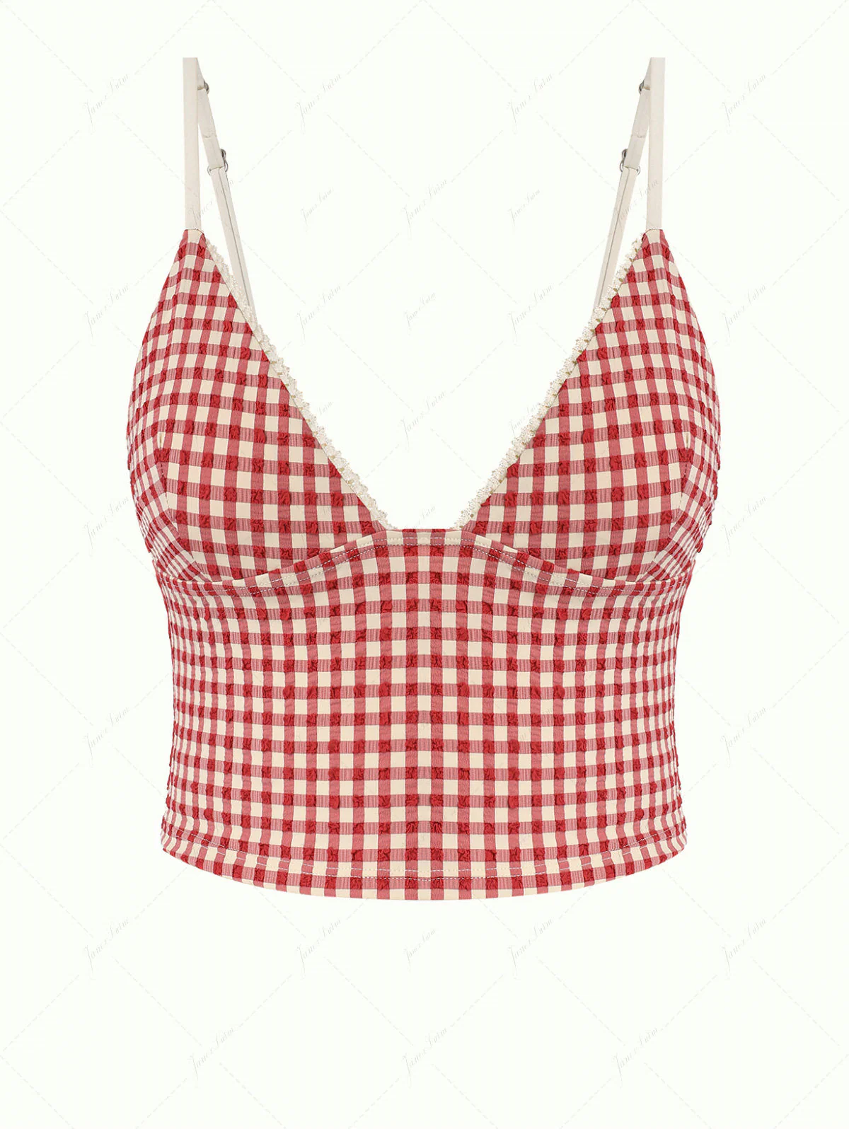 Granatapfelrotes Tankini-Top mit Vichy-Karo und Spitzenbesatz, schmal geschnitten