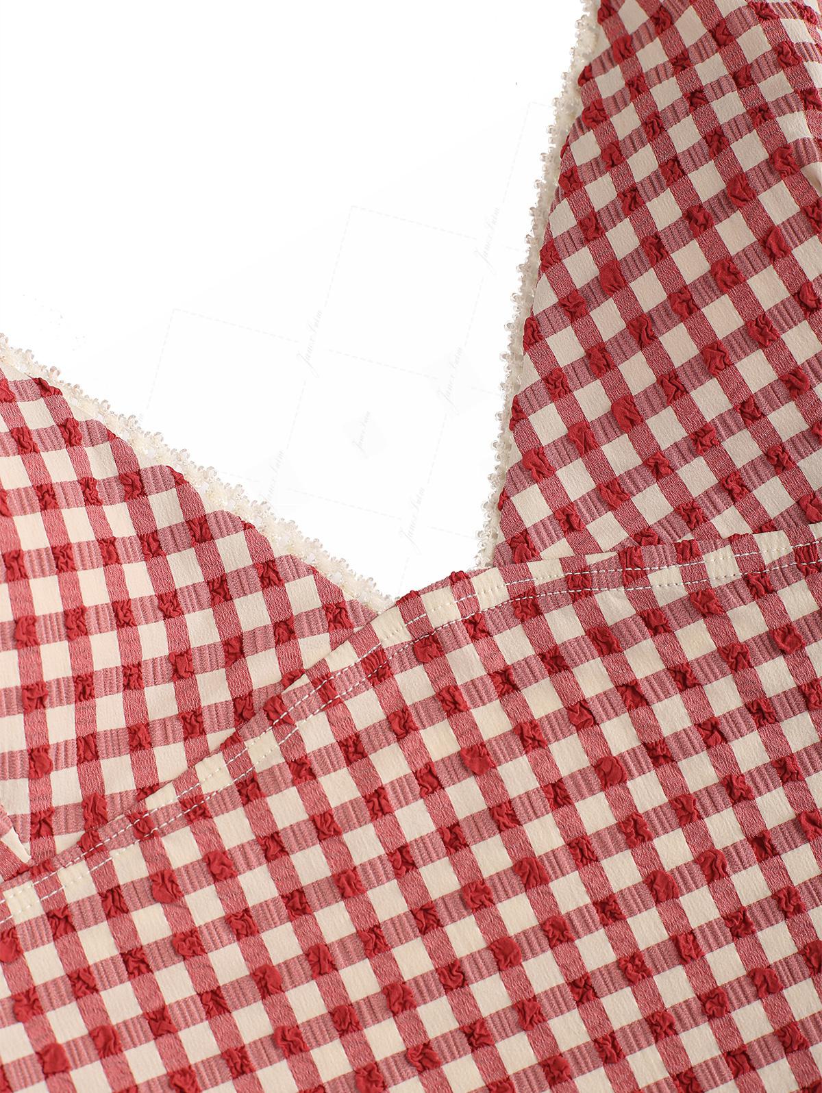 Granatapfelrotes Tankini-Top mit Vichy-Karo und Spitzenbesatz, schmal geschnitten - Image 3