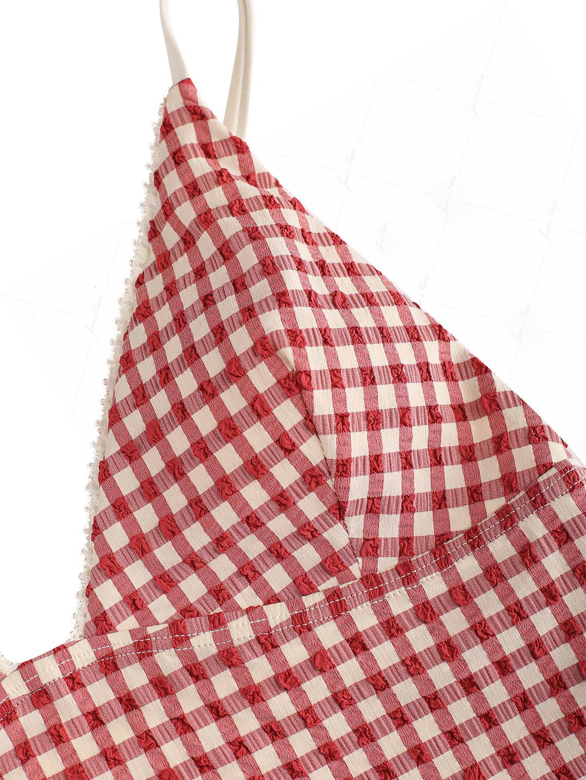 Granatapfelrotes Tankini-Top mit Vichy-Karo und Spitzenbesatz, schmal geschnitten - Image 4