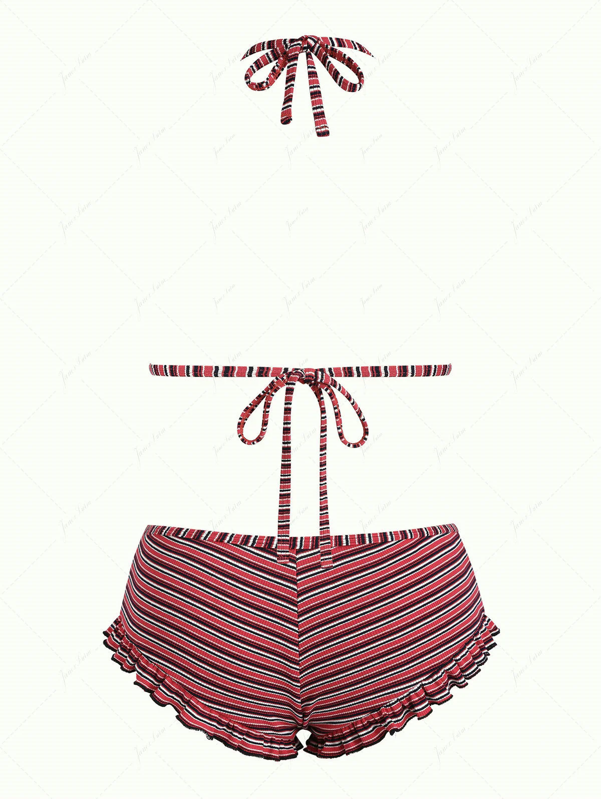 Red Knit Striped Ribbed Halter Triangle Push Up Top & Cheeky Boyshort Bikini Set - Image 2