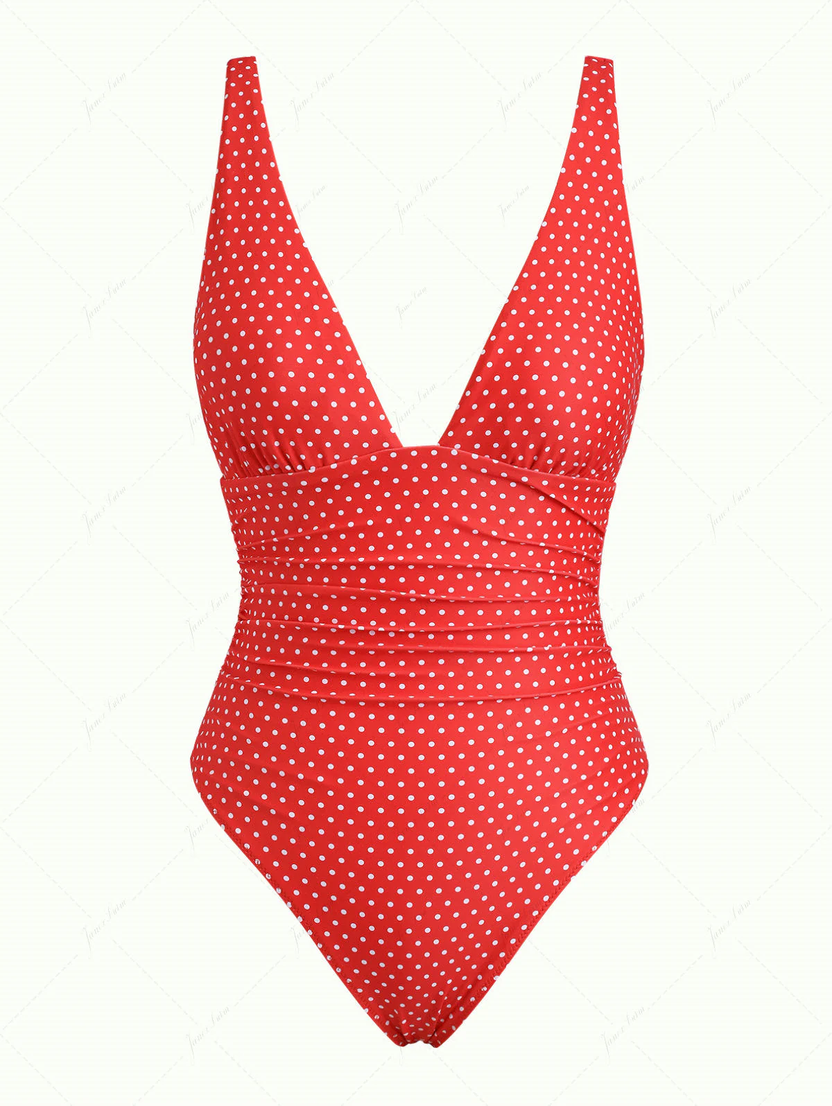 Einteiliger Badeanzug im Vintage-Stil mit rotem Polka-Dot-Muster, Raffungen und tiefem Ausschnitt