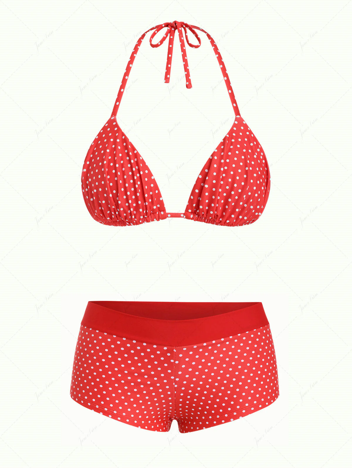 Red Polka Dot Ruched Triangle Top & Two-way Cheeky Boyshorts Bikini Set