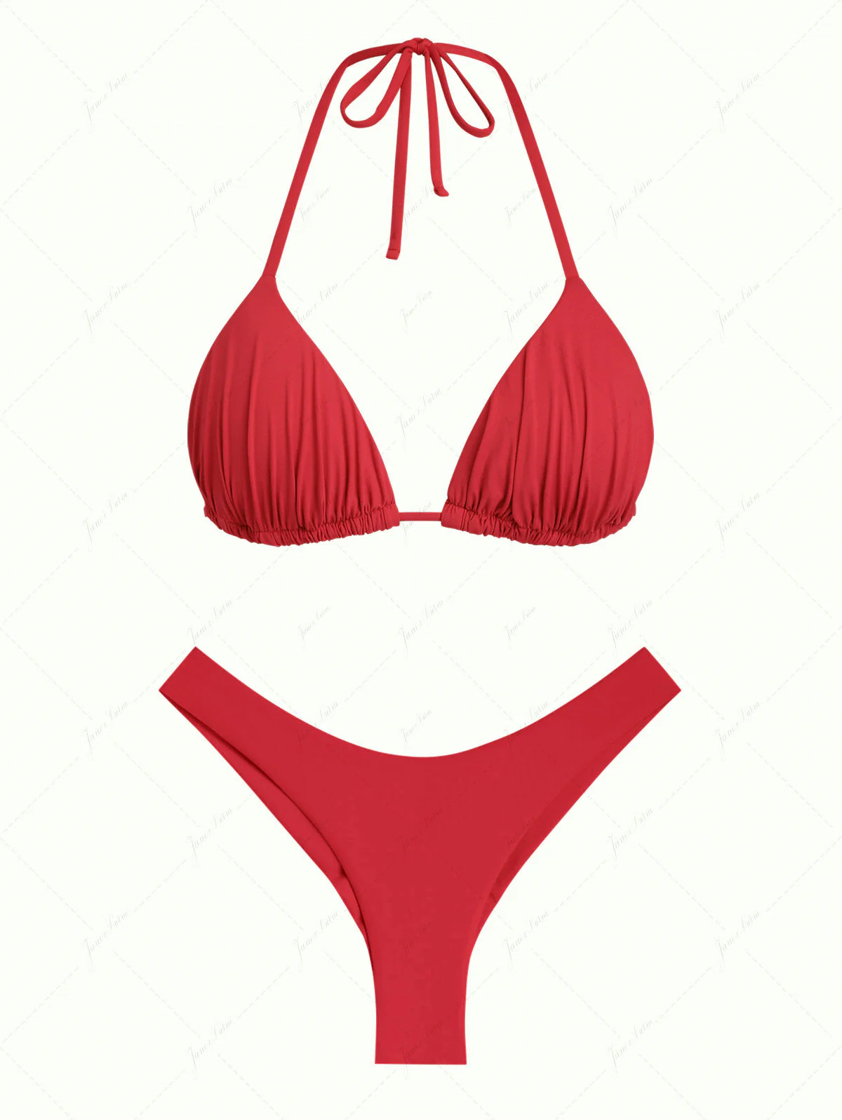 Rotes Bikini-Set mit gerafftem Neckholder-Triangel-Top und frechem brasilianischem Höschen