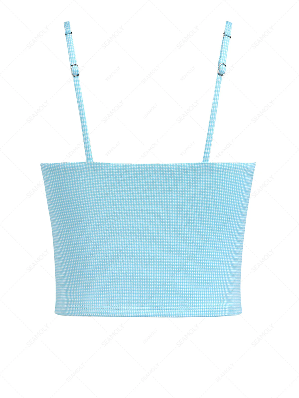 Himmelblaues kariertes Cami-Tankini-Oberteil mit geraffter Spitze und Schleife - Image 2