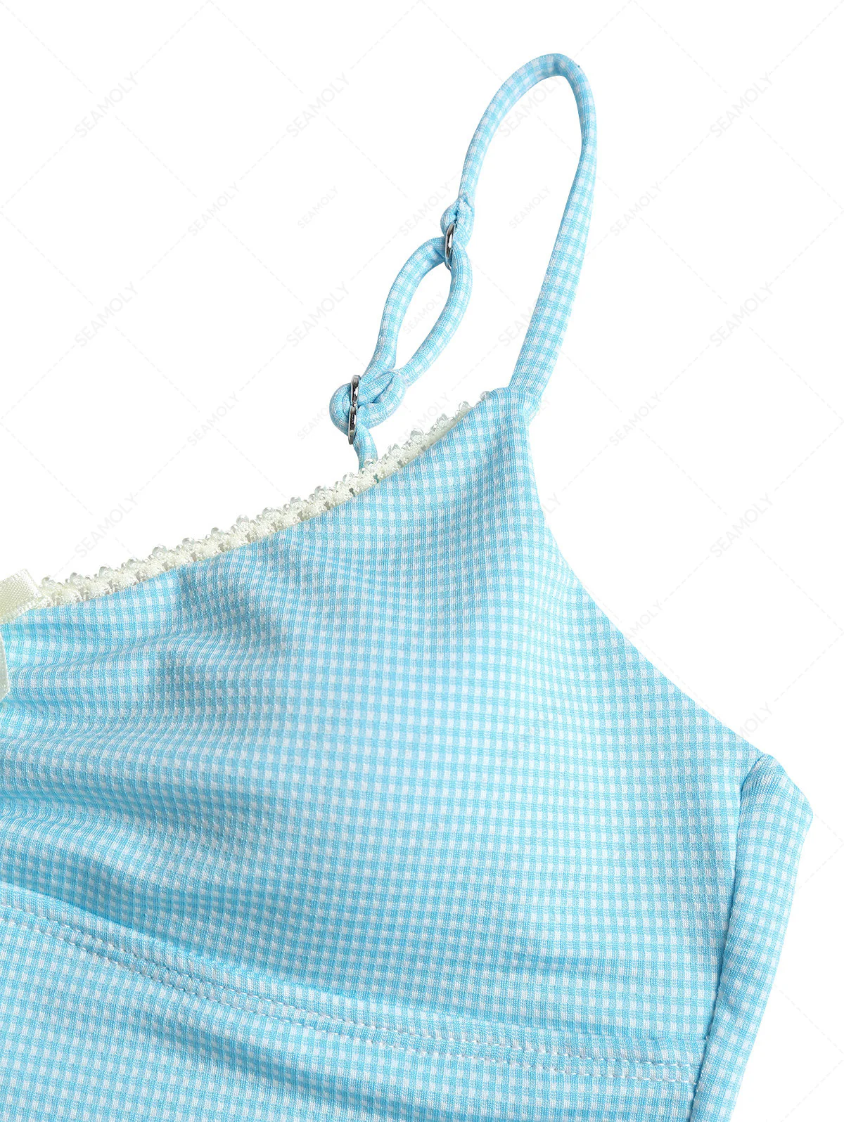 Himmelblaues kariertes Cami-Tankini-Oberteil mit geraffter Spitze und Schleife - Image 4