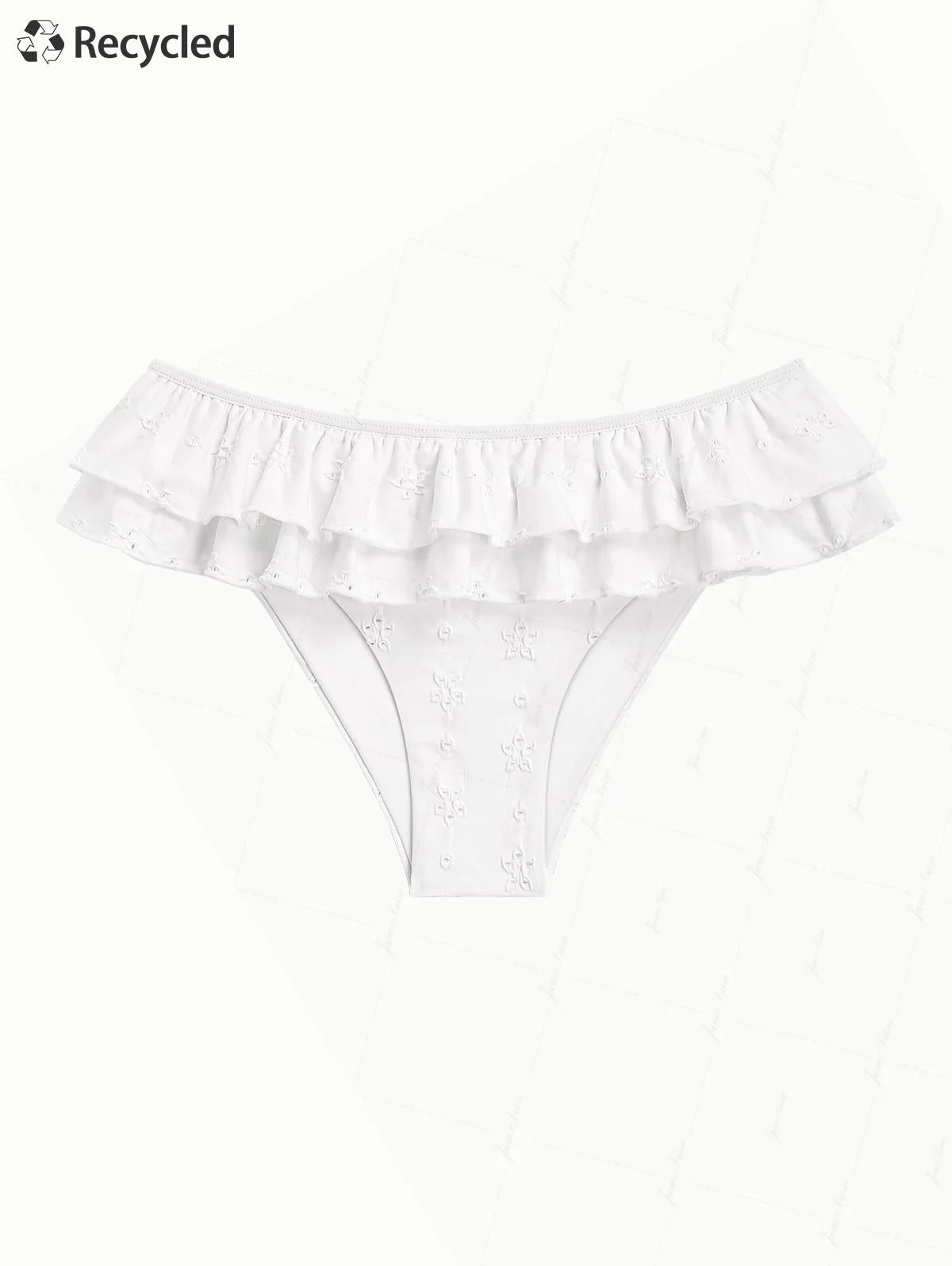 Bikinihose aus weißem, recyceltem Jacquard-Stoff mit Lagenrüschen