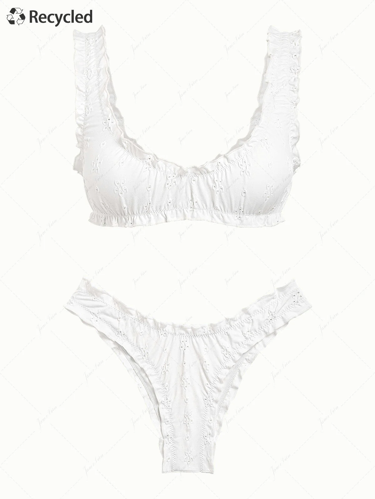 Weißes Bikini-Set aus recyceltem Jacquard-Stoff mit Rüschenkante und Bralette.
