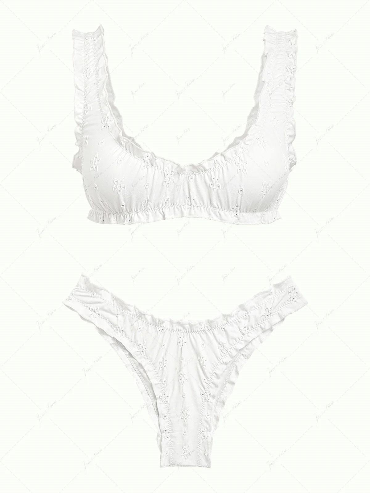 Weißes Bikini-Set aus recyceltem Jacquard-Stoff mit Rüschenkante und Bralette. - Image 2