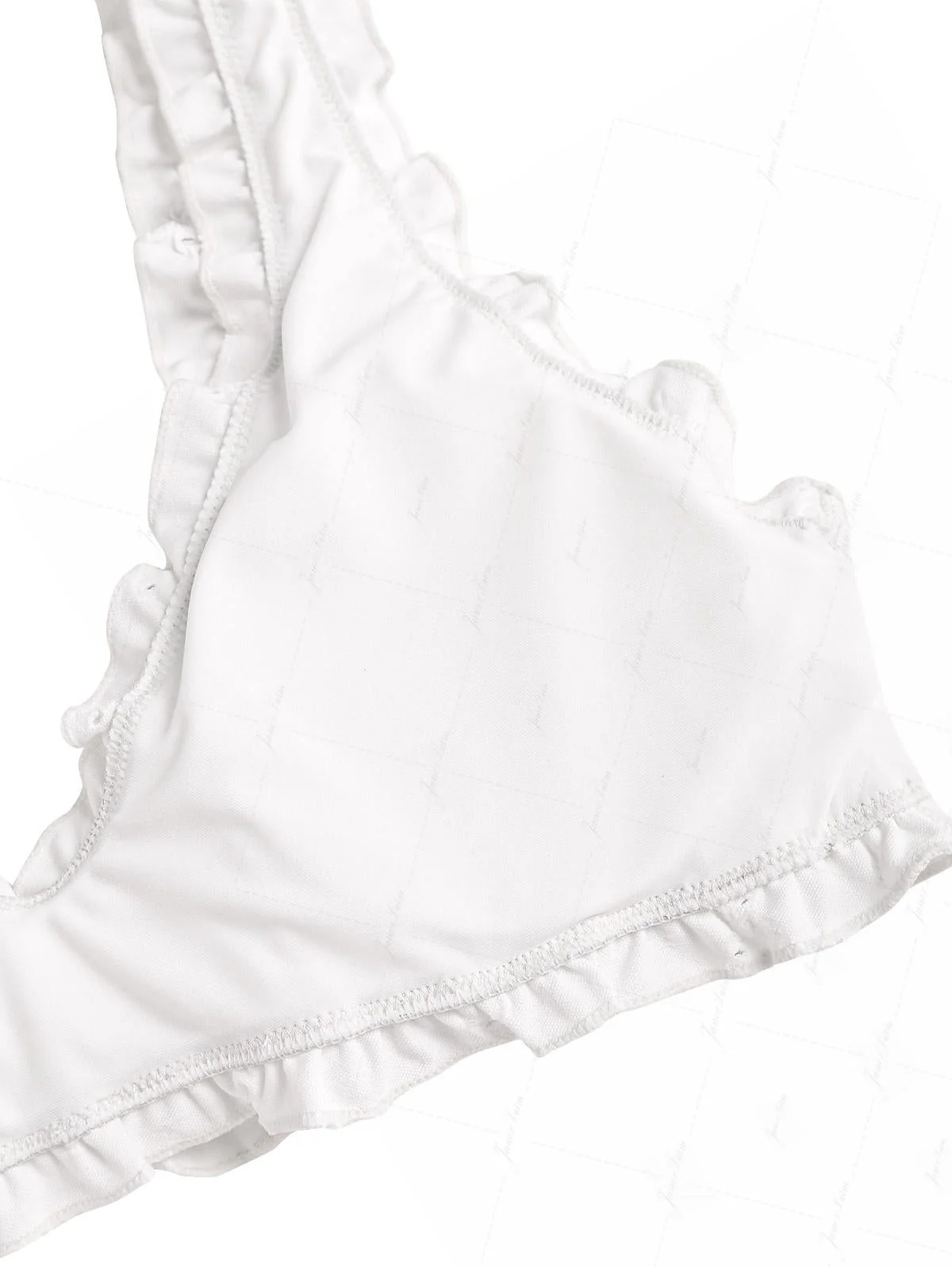Weißes Bikini-Set aus recyceltem Jacquard-Stoff mit Rüschenkante und Bralette. - Image 6