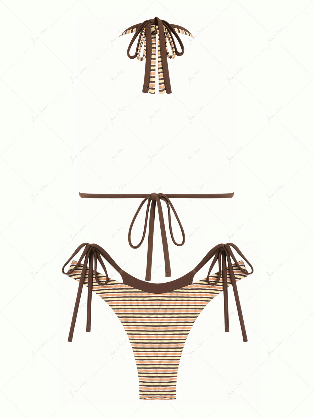 Yellow Contrast Color Ribbed Striped O Ring Double Layer Bikini Set - Image 2
