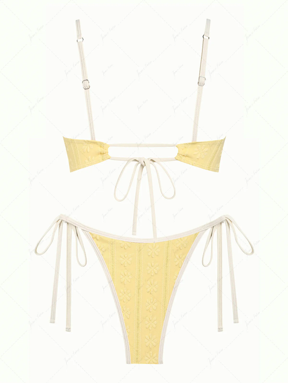 Janex Yellow Floral Jacquard Textured Bowknot Tie Side Cheeky Bikini Set - Image 7
