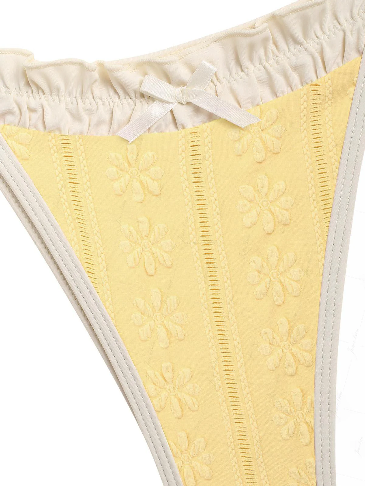 Janex Yellow Floral Jacquard Textured Bowknot Tie Side Cheeky Bikini Set - Image 9