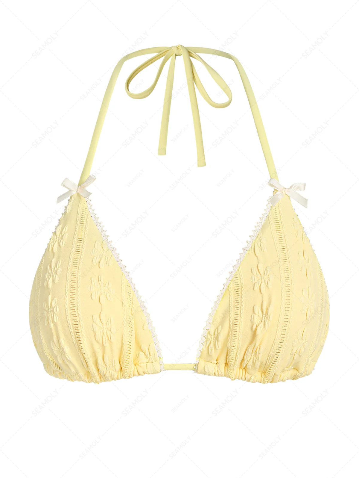 Gelbes, florales Jacquard-Bikinioberteil mit strukturierter Spitze und Schleife - Image 2