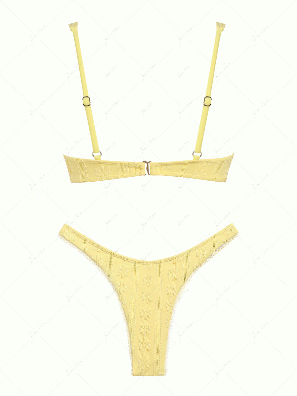 Yellow Jacquard Textured Lace Bowknot Underwire Bikini Set - Image 5