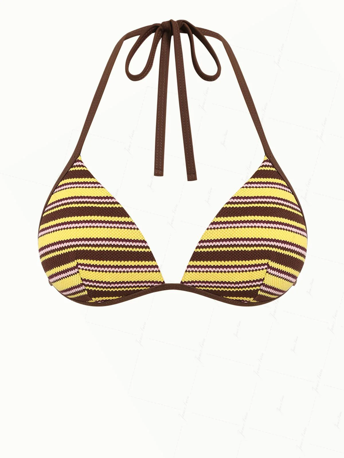 Yellow Knit Striped Textured Triangle Push Up Bikini Top
