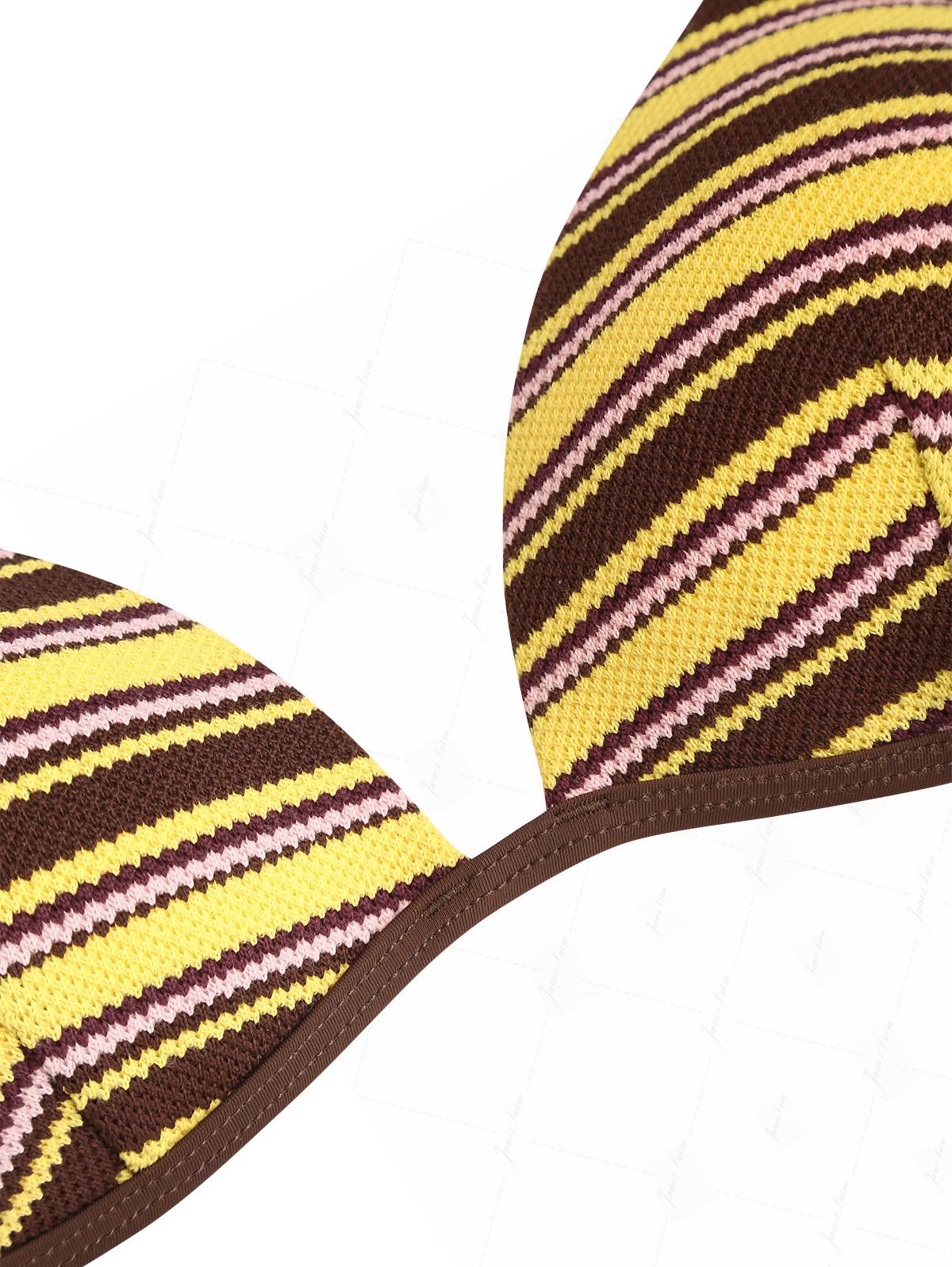 Yellow Knit Striped Textured Triangle Push Up Bikini Top - Image 5