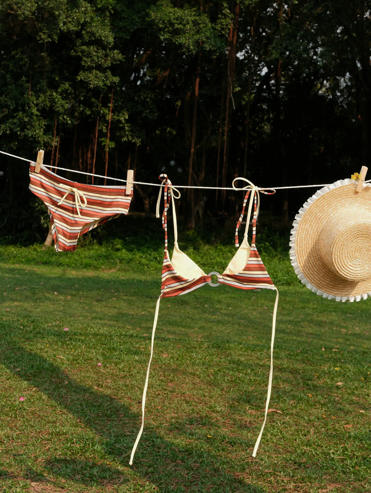 Yellow Ribbed Knit Striped O Ring Double Layer Top & Cheeky Boyshorts Bikini Set - Image 2