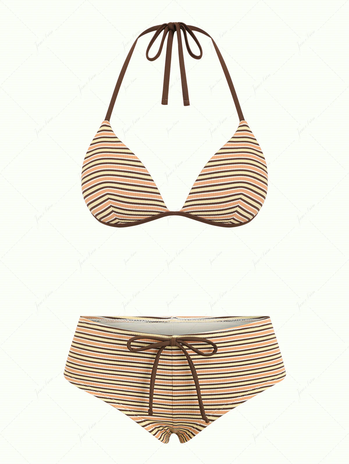 Yellow Ribbed Knit Striped Triangle Push Up Top & Cheeky Boyshorts Bikini Set