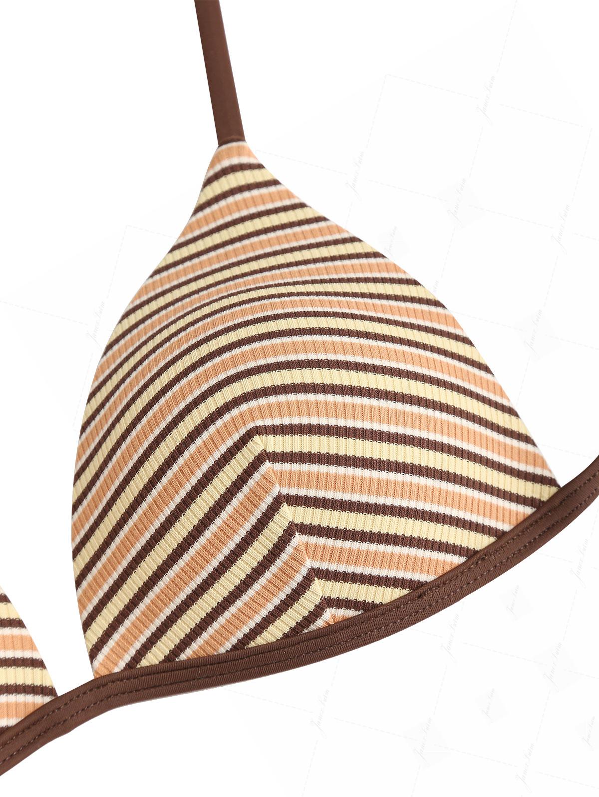 Yellow Ribbed Knit Striped Triangle Push Up Top & Cheeky Boyshorts Bikini Set - Image 3