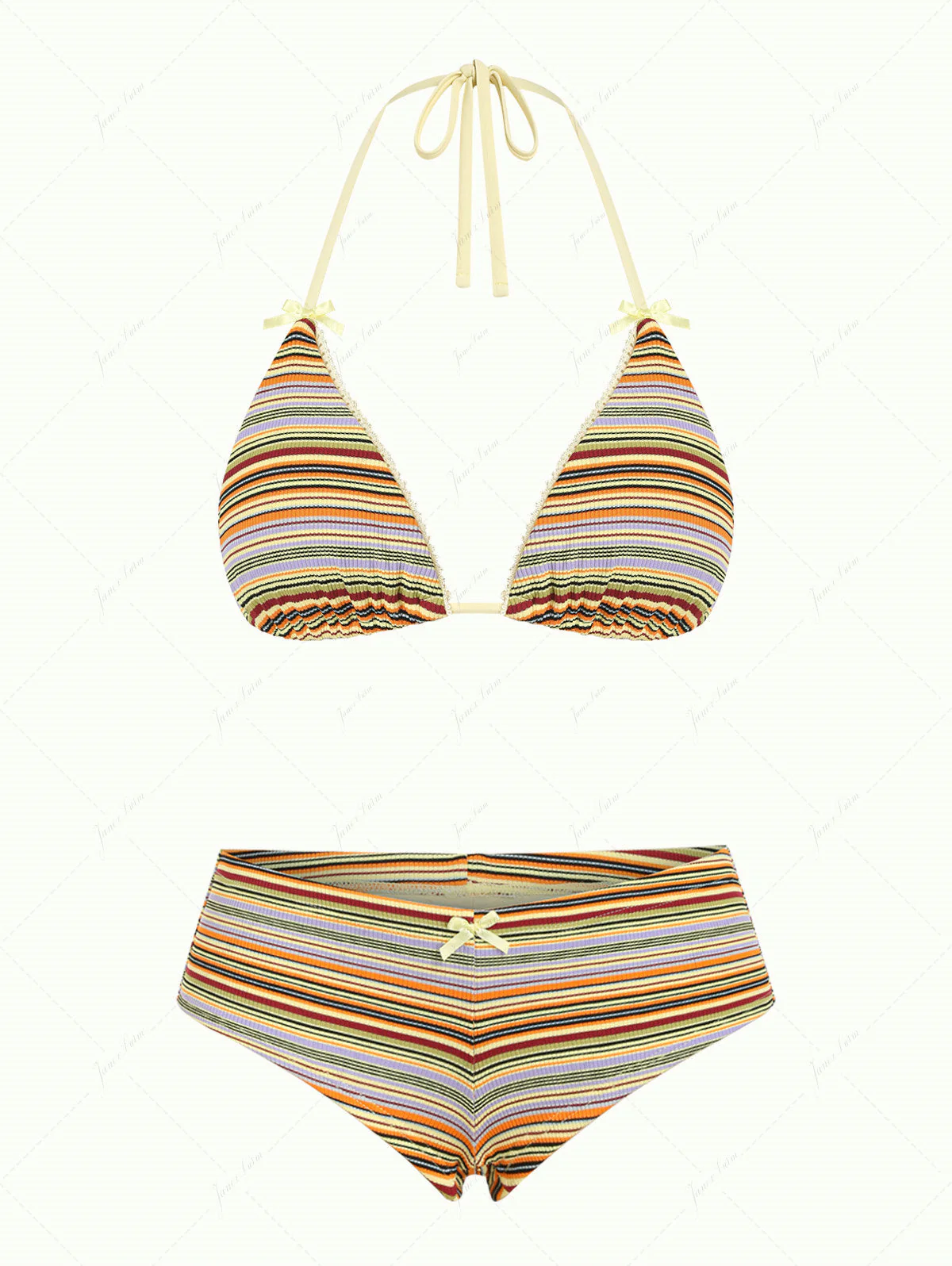 Gelbes, geripptes, gestreiftes Triangel-Bikini-Set mit Schleife und frechem Schnitt