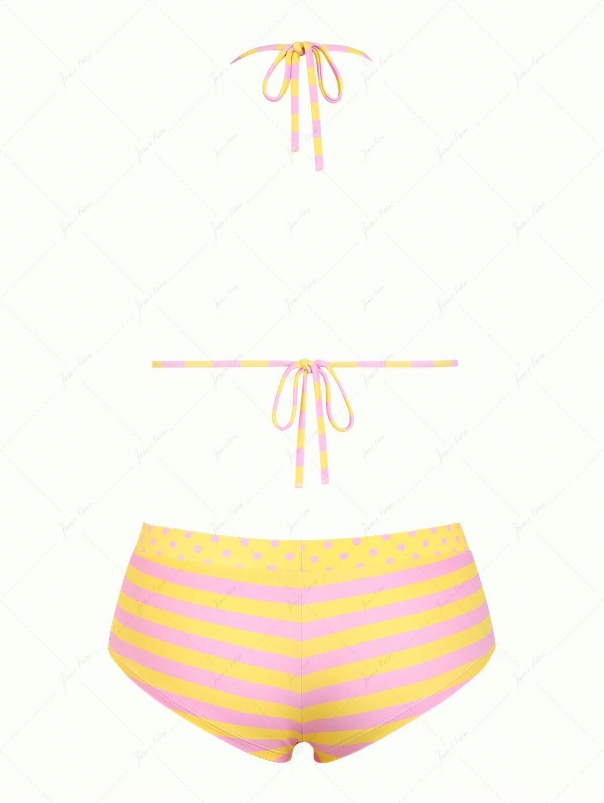 Gelb gestreiftes, gepunktetes, wendbares Triangel-Bikini-Set mit passendem frechem Boyshorts-Oberteil - Image 3